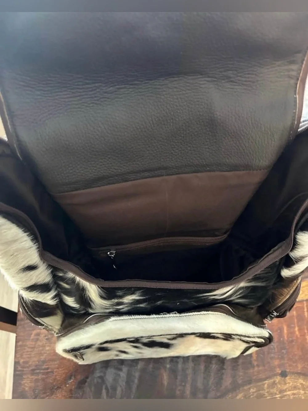 100% Cowhide leather Backpack and wallet Hair On (brown and White)